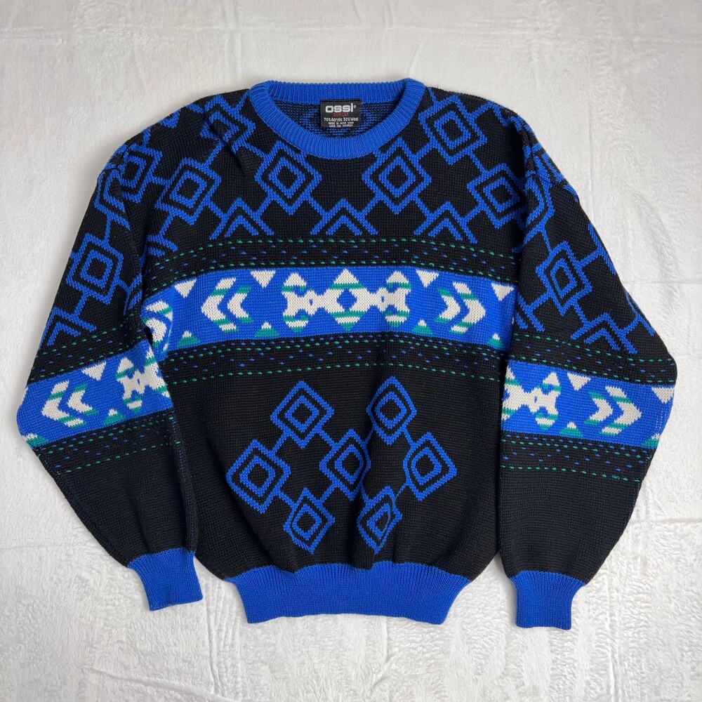 VTG Ossi Skiwear Wool Knit Crewneck Sweater Men's M Black/Blue Geometric Grandpa